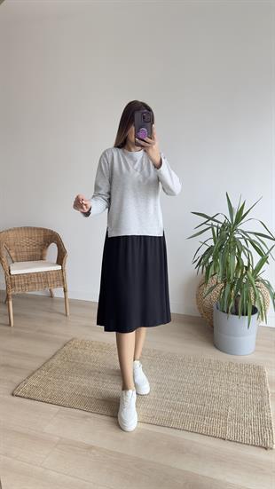 Viskon Detaylı Gri Sweat Elbise 