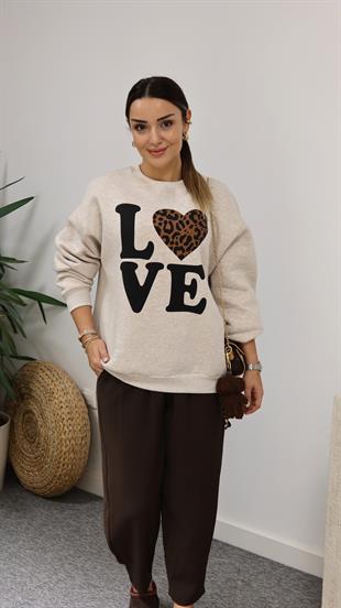 Love Yazılı Bej Sweatshirt