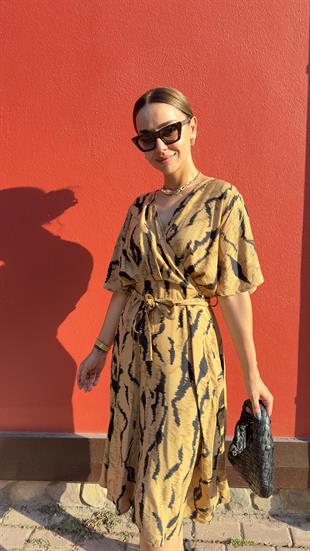 Zebra Desen Kuşaklı Midi Elbise 