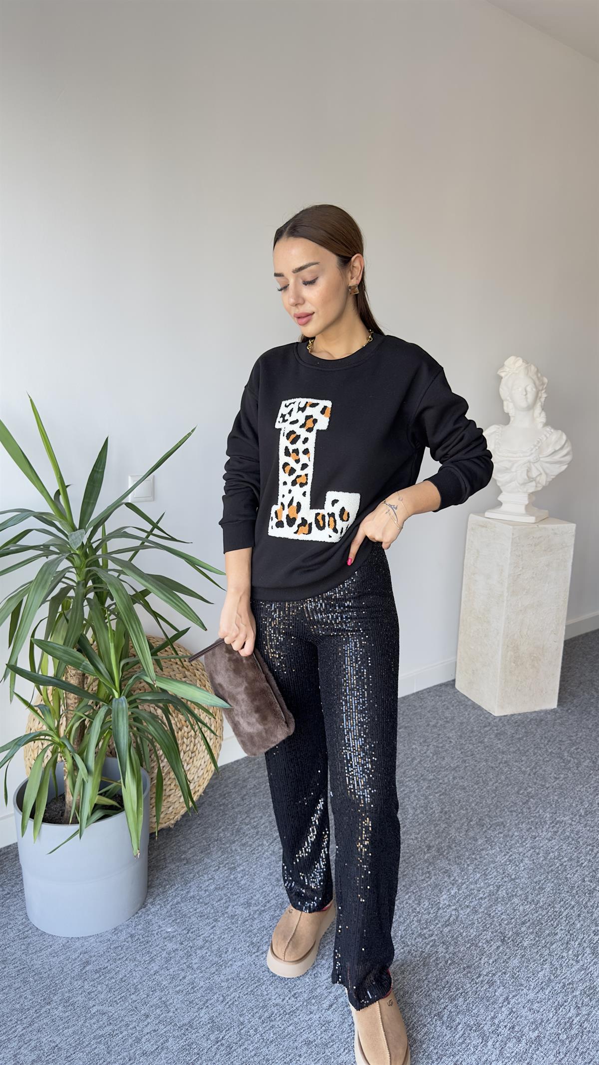 L Baskı Leopar Detay Siyah Zra Sweat