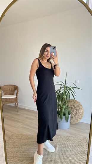 Dikiş Detaylı Kolsuz Siyah Basic Elbise