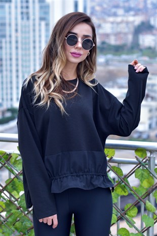 Belden Büzgülü Poplin Detaylı Siyah Sweat