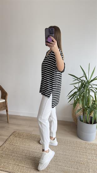 Boho Çizgili Siyah V Yaka Tshirt