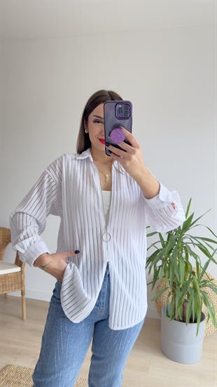 Fermuarlı Şerit Detay Beyaz Ceket