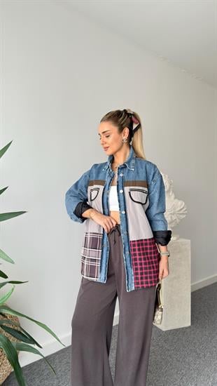 Mavi Ekose Mix Tasarım Denim Ceket