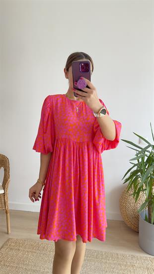 Belda Pembe Turuncu Desenli Elbise