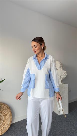 Glou Poplin Detay Sırt Düğmeli Beyaz Sweat