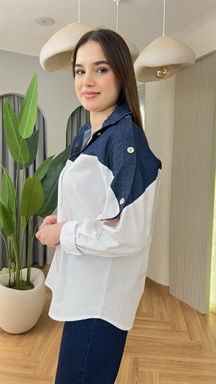 Kollar Düğme Detaylı Kot Garnili Gömlek