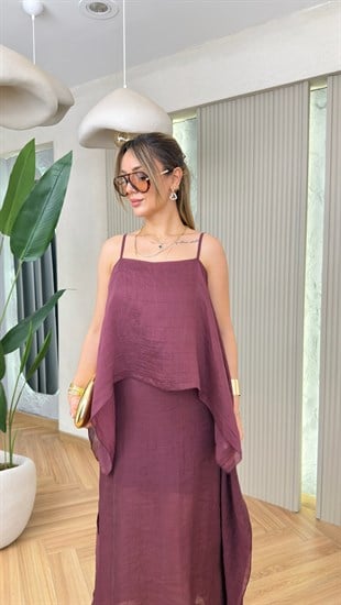 Bordo Lesca Pelerin Detaylı Askılı Elbise 