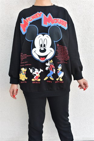 Mickey Mouse Baskı Siyah Sweat