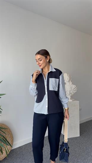 Ezela Çizgili Poplin Garnili Sweatshirt