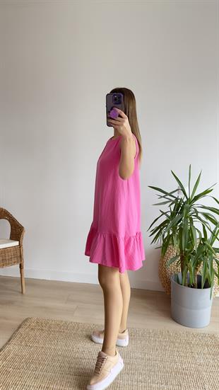 Eteği Fırfırlı Pembe Keten Elbise 