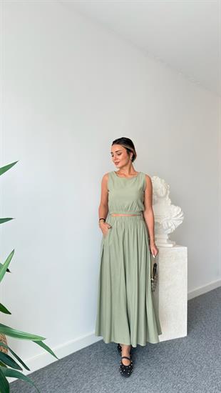 Mint Keten Etekli Crop Takım