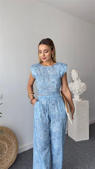 Mavi Şal Desen Vatkalı Bluz