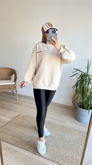 Sırtı Leopar Baskılı Bej Sweat