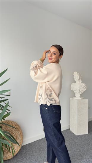 Orj Model Nakış Aplikeli Bej Sweat