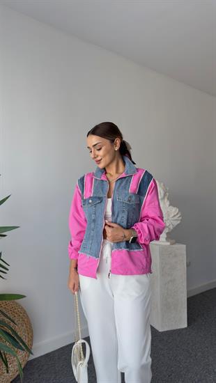 Lucas Pembe Şeritli Denim Mix Ceket