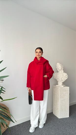 Yuthi Kaşkol Detaylı Astarlı Kırmızı Kaban