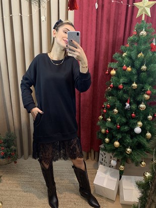Etek Ucu Dantelli Sweat Elbise