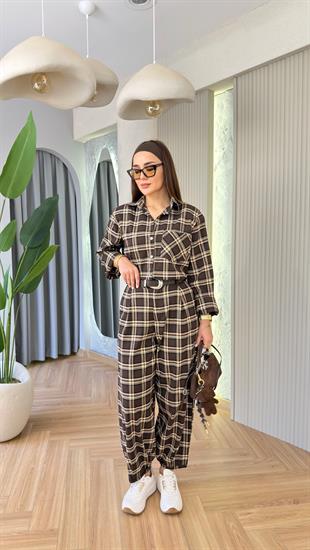 Bej Ekoseli Reyna Kemerli Balon Pantolon 