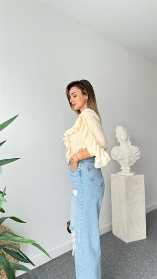 Sarı Fırfırlı Taş Detaylı Gömlek