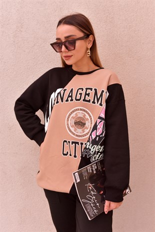 Çift Renk Baskılı Siyah Sweat