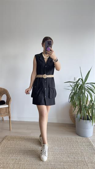 Utto Zra Model Kemerli Siyah Keten Elbise