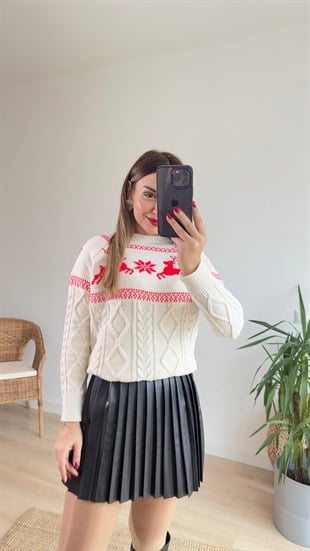 Kırmızı Geyik Desenli Ekru Kazak