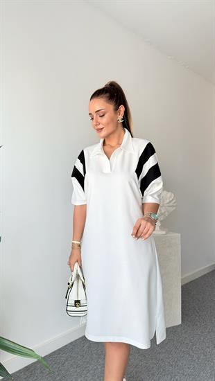 Beyaz Lapi Şerit Detaylı Elbise 