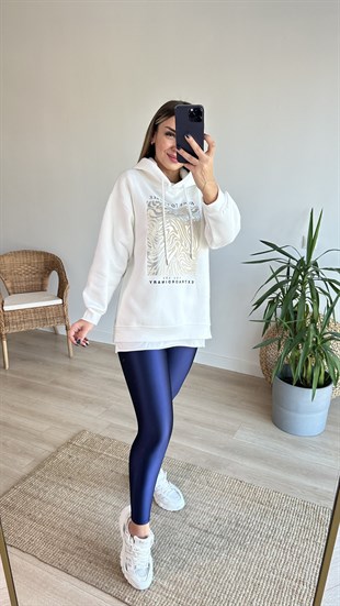 Yanları Çıtçıtlı Baskı Detay Beyaz Sweat