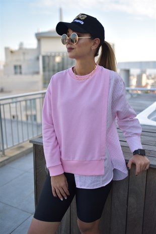 Gömlek Detaylı Pembe Sweatshirt