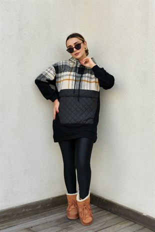 Kapitone Detaylı Siyah Sweatshirt	