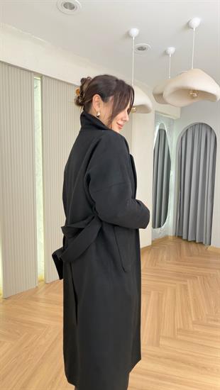 Siyah Liche Kuşaklı Kaşe Kaban