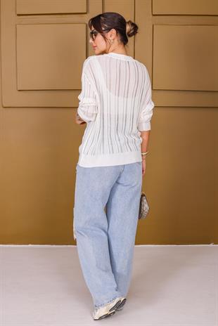 Beyaz V Yaka Asimetrik Transparan Triko Kazak