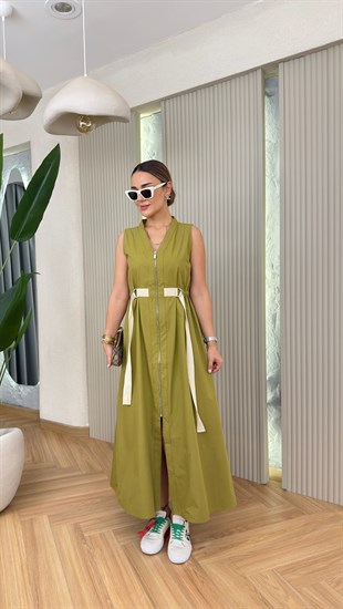 Yeşil Awella V Yaka Fermuarlı Orj Model Elbise 