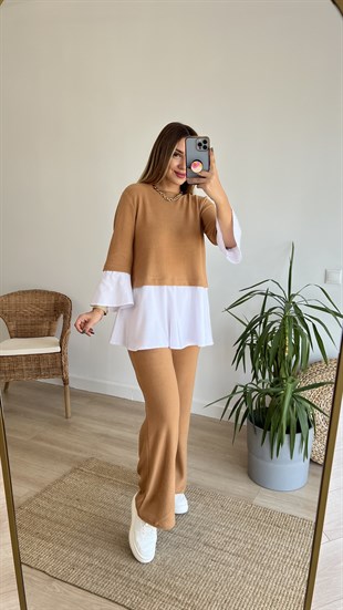 Camel Gömlek Detaylı Bluz Pantolon Takım