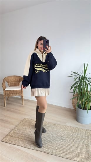 Lacivert Bej Baskılı Sweatshirt