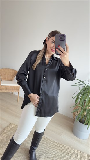 Saten Siyah Basic Gömlek