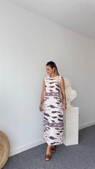 Stone Kahve Desenli Yırtmaçlı Elbise 