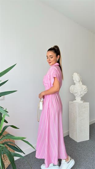Pembe Varela Çizgili Gömlek Yaka Elbise