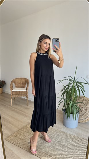 Yaka İşleme Detay Siyah  Elbise 