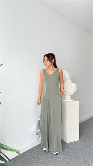 Haki Bel Detaylı Modal Pantolon
