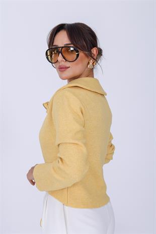 Sarı Bağcık Detaylı Triko Ceket