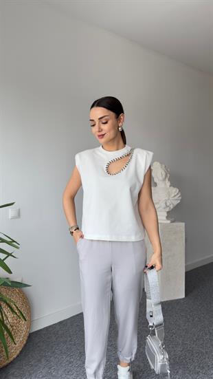 Beyaz Orj Model Damla Taş İşlemeli Tshirt