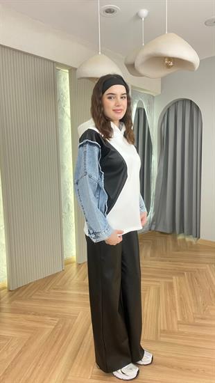 Beyaz Kot Ve Deri Garnili Kapüşonlu Sweatshirt