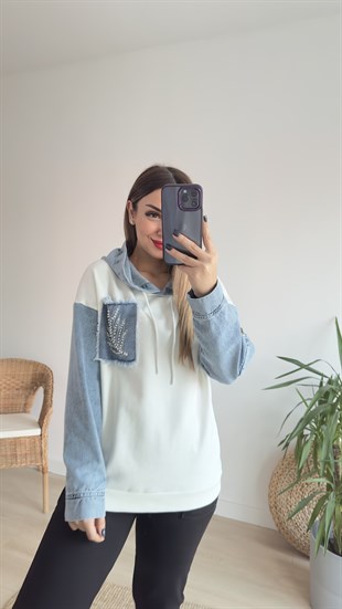 Kot Ve Taş Detaylı Tasarım Beyaz Sweat