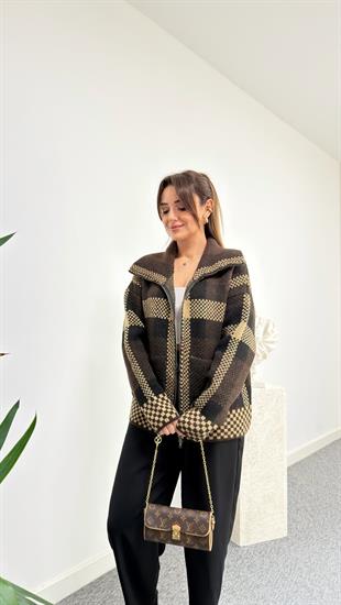 Kahve Wumo Ekoseli Premium Triko Hırka