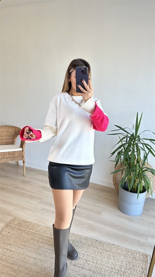 Kolları Triko Detaylı Beyaz Sweatshirt