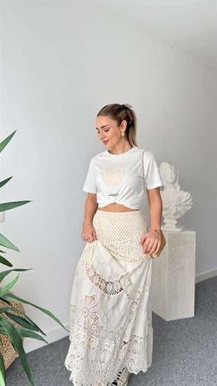 Kalp Dantel İşlemeli Beyaz Tshirt