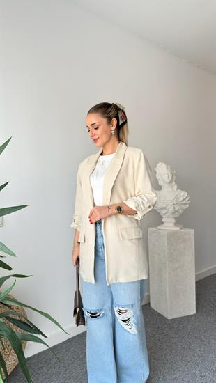Kol Katlamalı Astarlı Keten Blazer Ceket